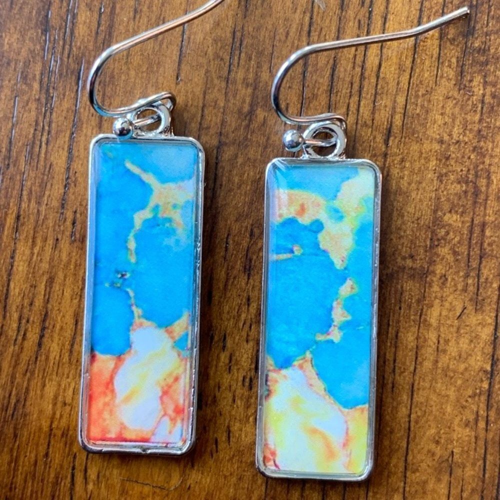 Western Marbled Kingsman Style Rectangle Drop Earrings in Blue, Brown and Orange
